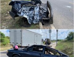 São Gonçalo do Amarante: Após tomarem carro de assalto bandidos batem carro em poste que fica dividido ao meio